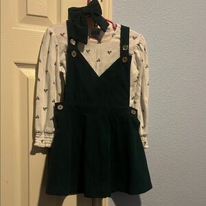 Green Pinafore Dress with White Long Sleeve Top